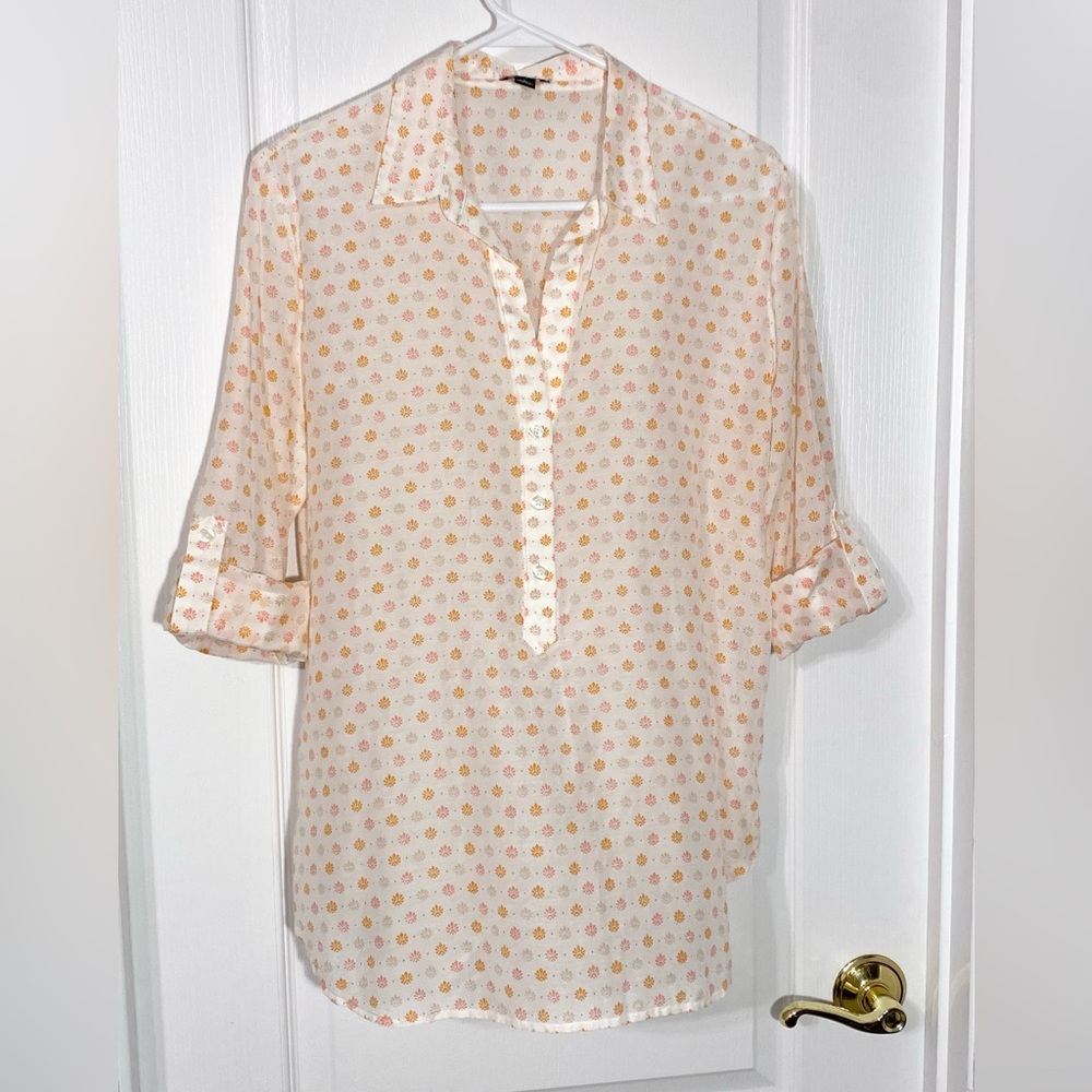 Ann Taylor SILK Blend Floral Semi Sheer Roll Tab Sleeve Blouse White Orange Sz L